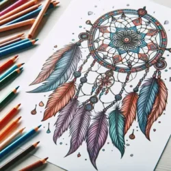 Coloring page featuring a detailed dreamcatcher design with feathers, surrounded by colored pencils on a white table.