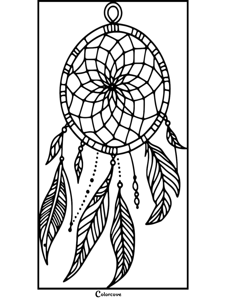 Un coloriage d'attrape-rêves détaillé présentant un motif de toile circulaire avec des plumes suspendues et des ficelles de perles.