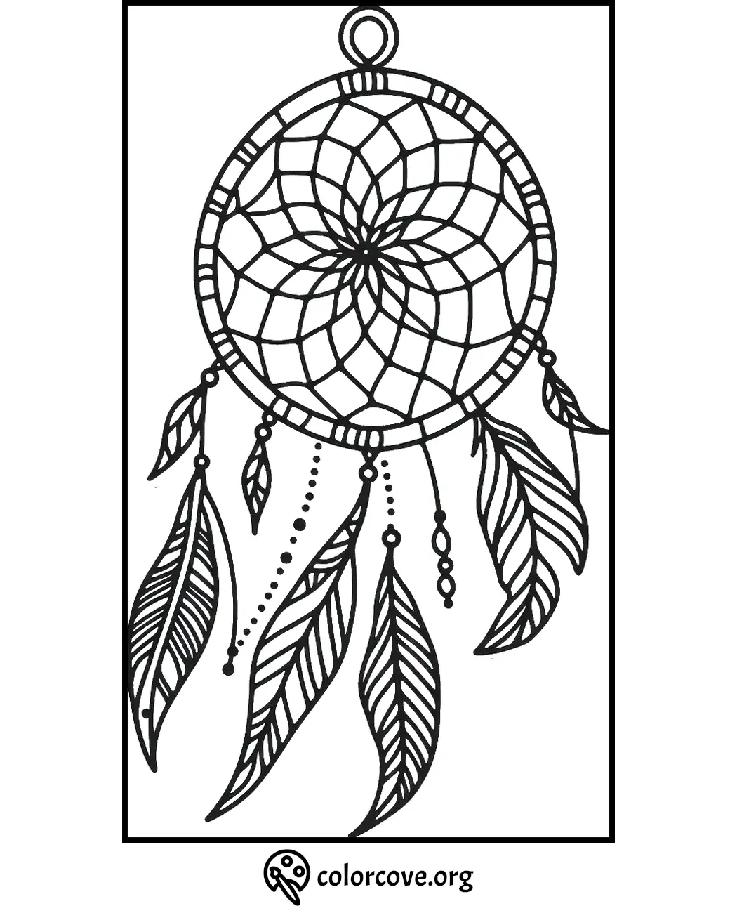 Dreamcatcher coloring page with intricate feather details, ideal for relaxation and creativity from colorcove.org.