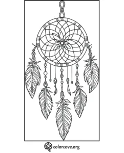 Dreamcatcher coloring page with intricate feather design from colorcove.org, perfect for stress-relief through artistic creativity.