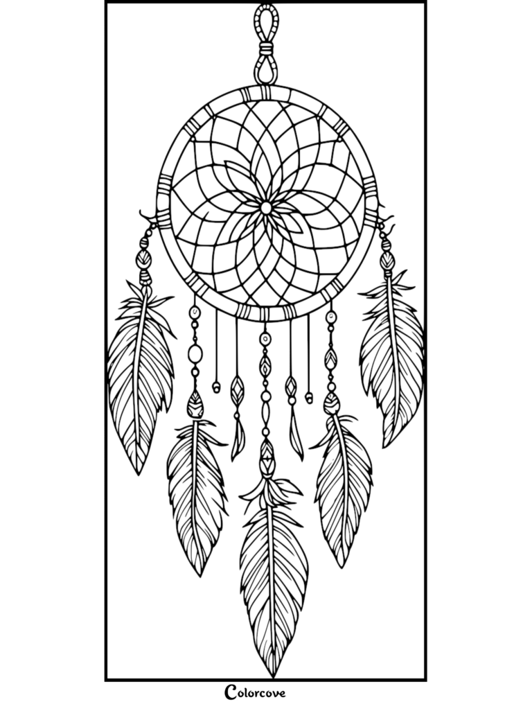 Un coloriage d'attrape-rêves détaillé doté d'un motif de toile circulaire avec des perles suspendues et cinq plumes décoratives.