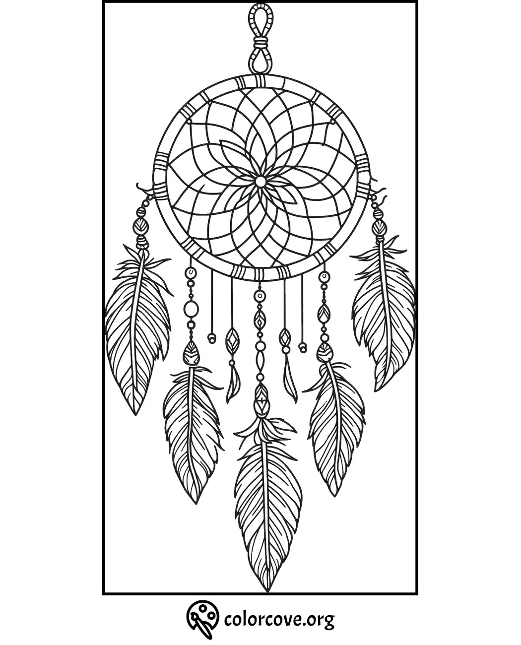 Dreamcatcher coloring page with intricate feather design from colorcove.org, perfect for stress-relief through artistic creativity.