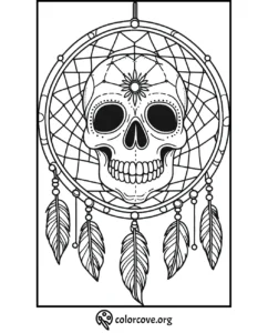 Skull-themed dreamcatcher coloring page with intricate details and feather accents. Perfect for adult coloring enthusiasts.