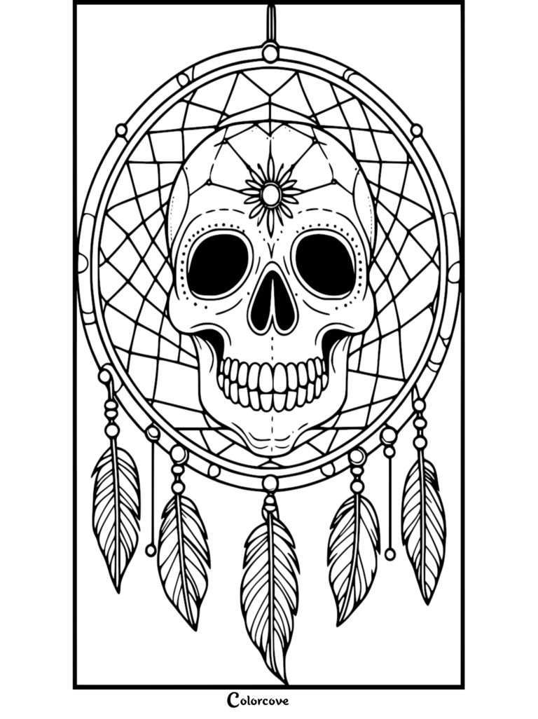 Coloriage détaillé d'attrape-rêves présentant un design de crâne central avec un emblème de soleil sur le front et cinq plumes suspendues.