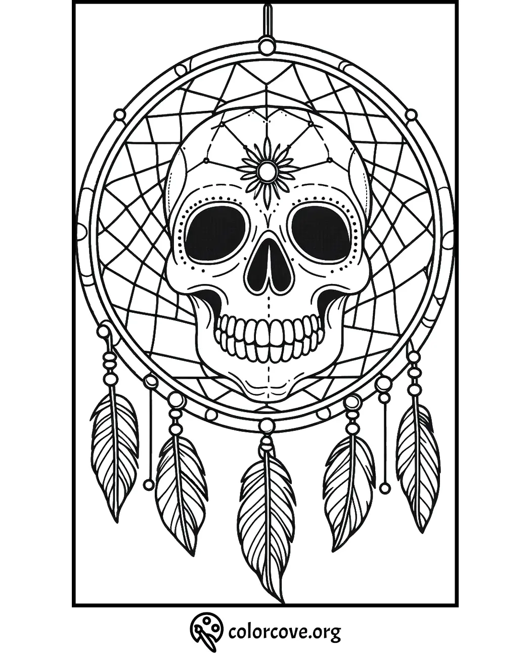 Skull-themed dreamcatcher coloring page with intricate details and feather accents. Perfect for adult coloring enthusiasts.