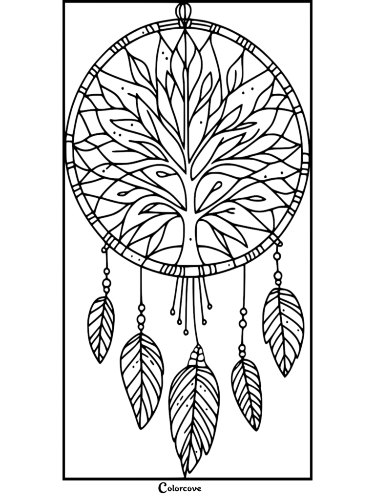 Un coloriage d'attrape-rêves à imprimer présentant la silhouette détaillée d'un Arbre de Vie à l'intérieur du cercle avec des plumes suspendues.