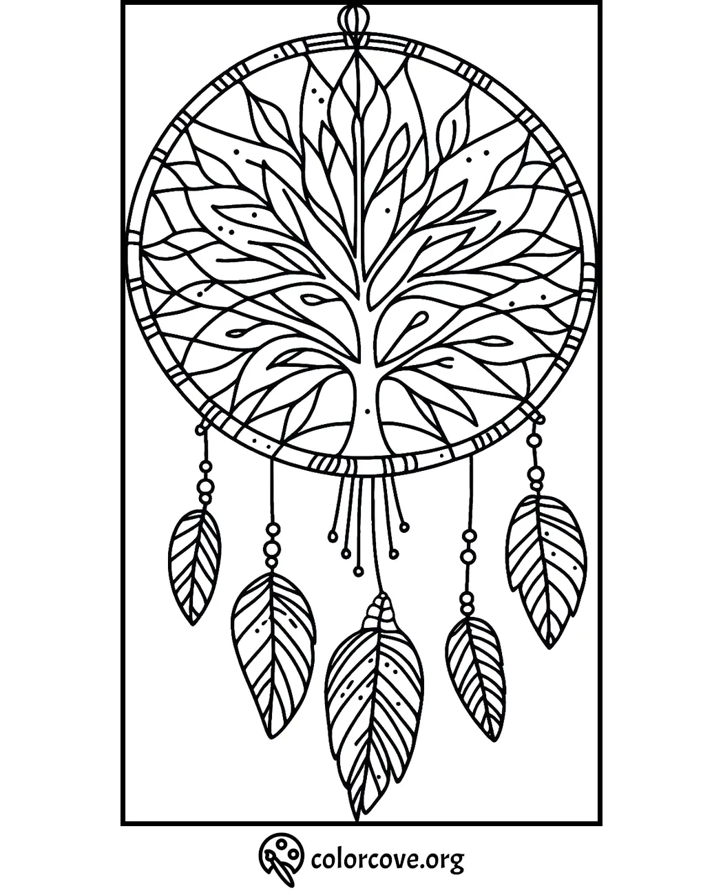 Coloring page of a detailed dreamcatcher with leaves and beads, perfect for adults and kids. Download at colorcove.org.