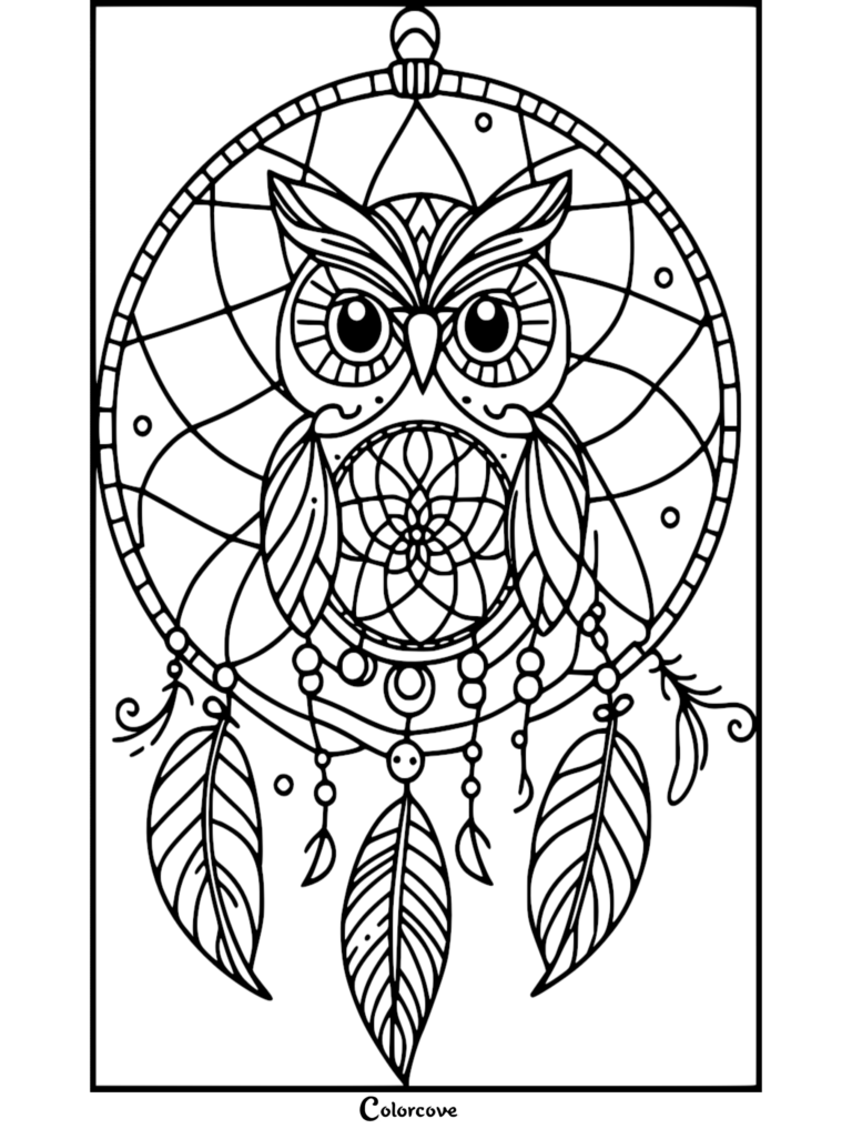 Coloriage complexe d'attrape-rêves présentant un motif central de hibou avec des plumes détaillées et des motifs de toile géométriques.