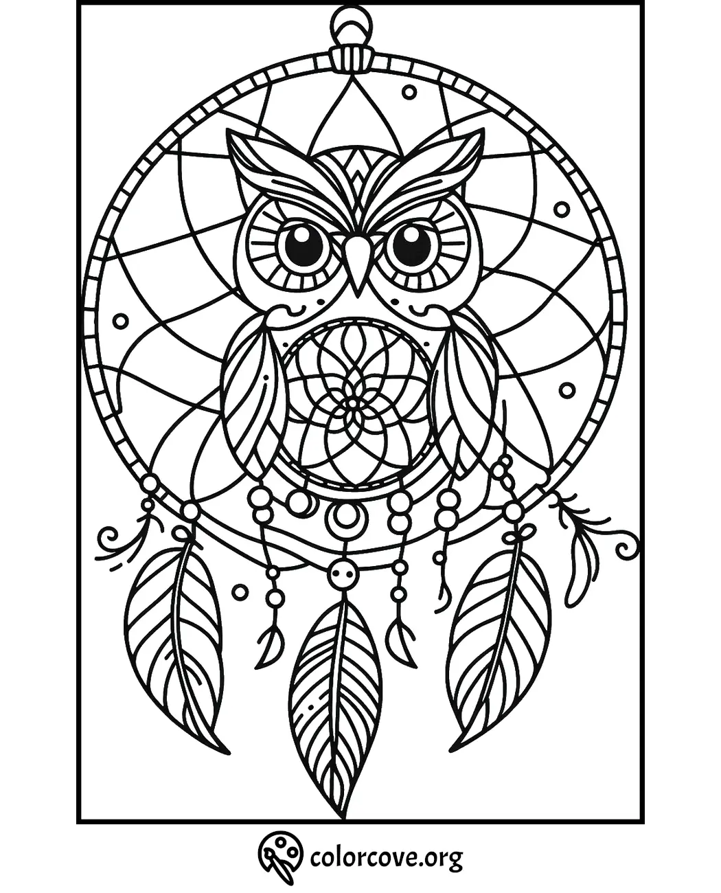 Detailed owl dreamcatcher coloring page designed for kids and adults to color and enjoy relaxing activities.