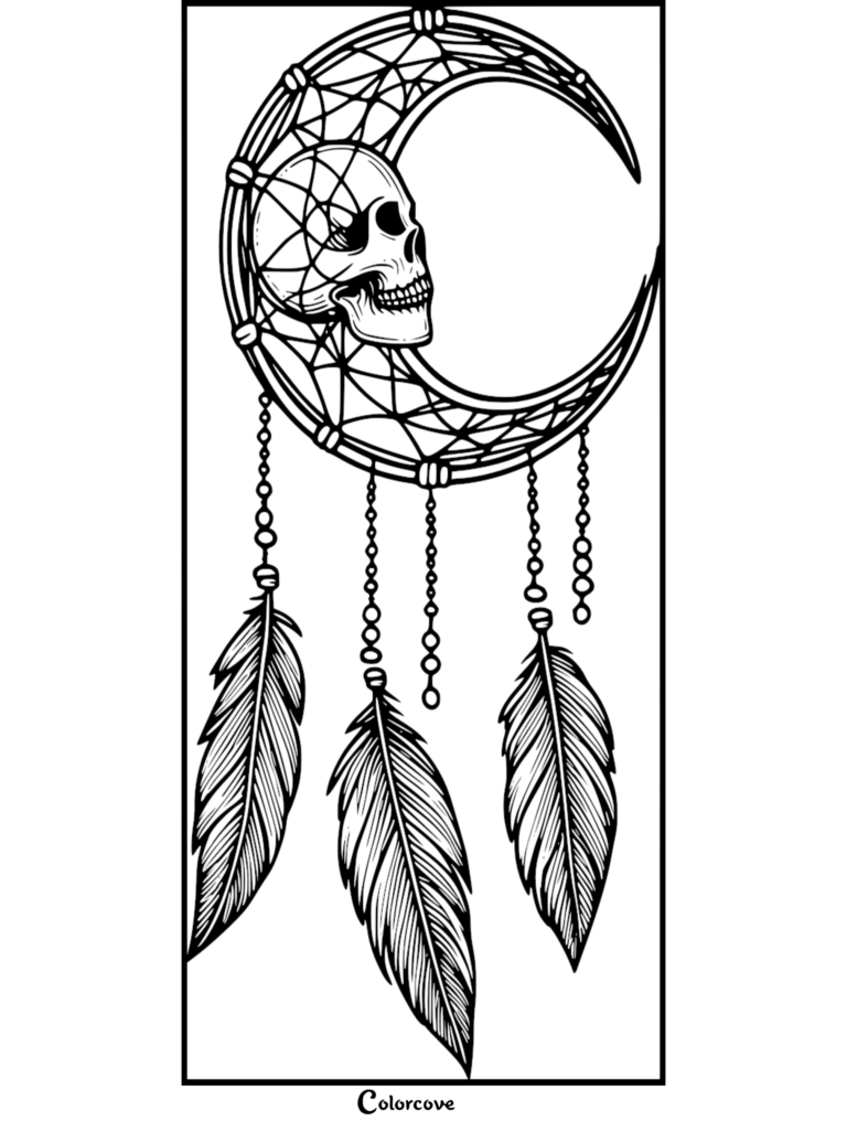 Coloriage détaillé d'attrape-rêves avec un crâne, doté d'un cadre en croissant de lune et de plumes suspendues.