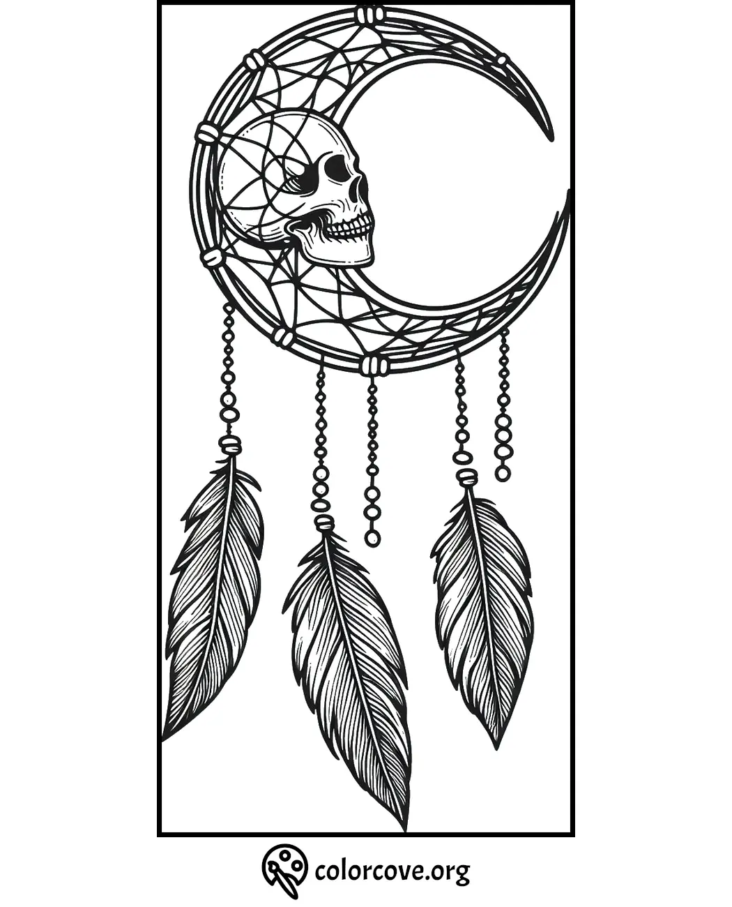 Intricate coloring page featuring a crescent moon with a skull, dreamcatcher, and feathers for adults to color.