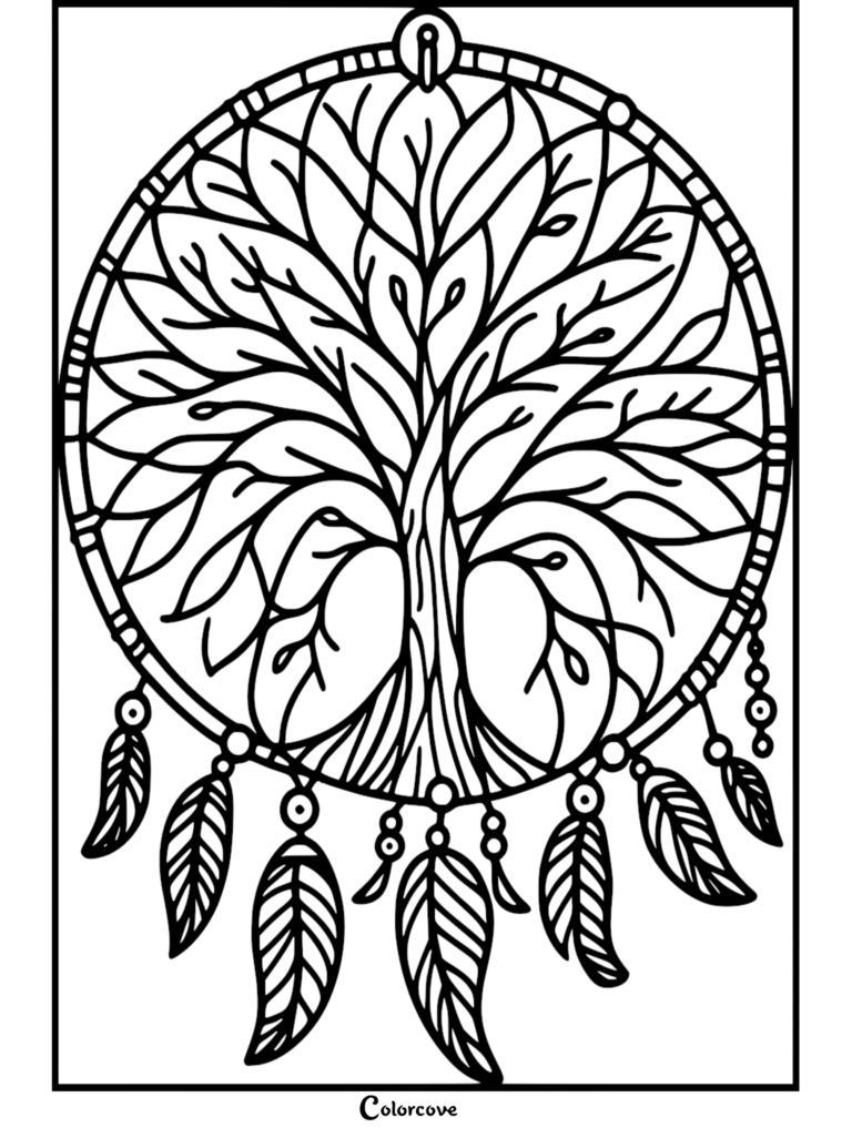 Un coloriage détaillé d'attrape-rêves Arbre de Vie présentant la silhouette d'un arbre au centre d'un cercle avec des plumes et des perles suspendues.