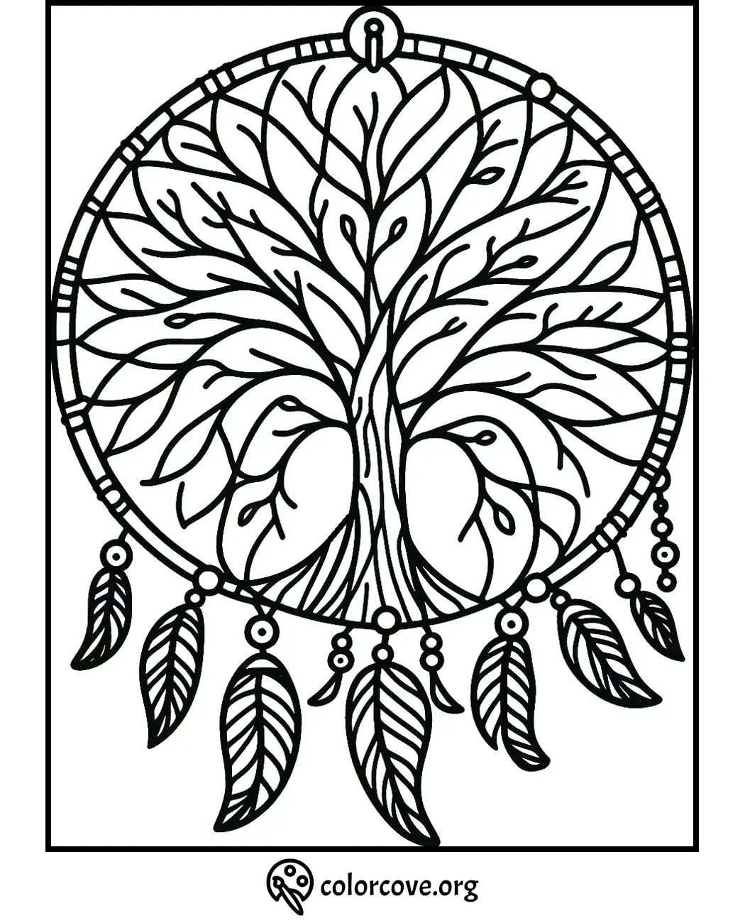 Tree of Life dreamcatcher coloring page with intricate feather and leaf designs. Printable coloring sheet from colorcove.org.