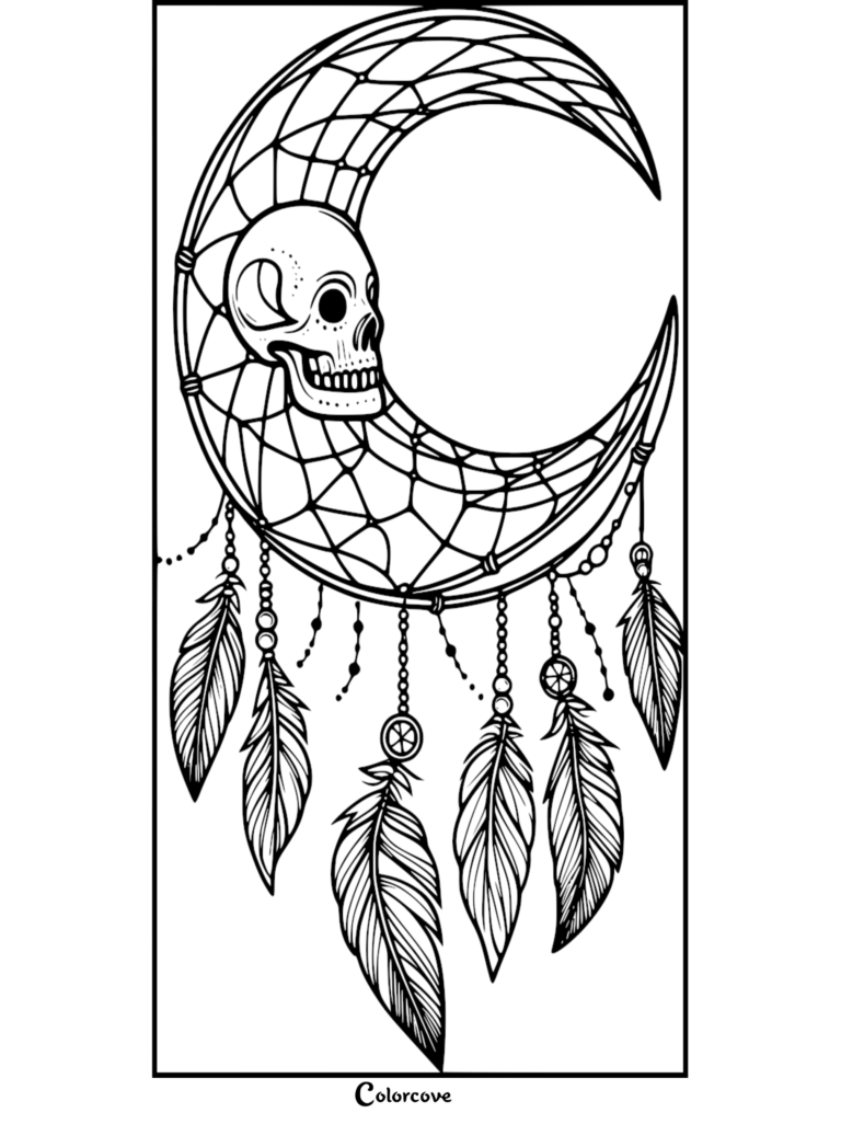 Coloriage à imprimer représentant un attrape-rêves en croissant de lune avec un crâne et des plumes suspendues.
