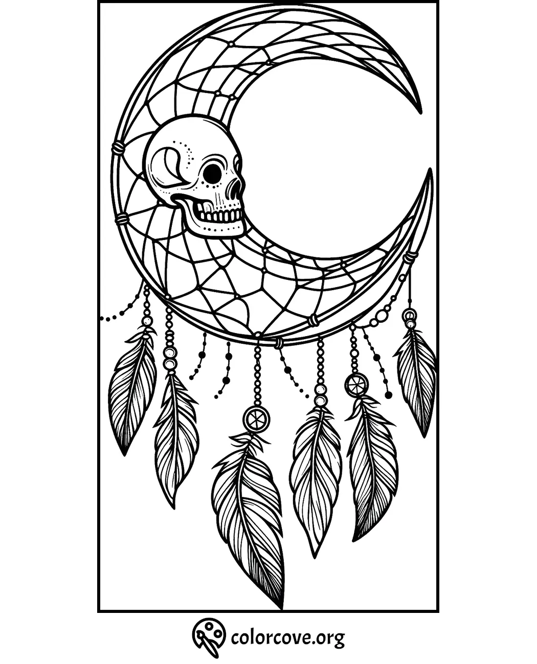 Crescent moon coloring page with detailed skull, dreamcatcher feathers, and intricate patterns for stress relief and creativity.