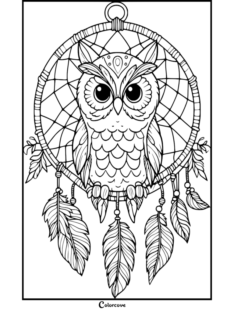 Coloriage complexe d'attrape-rêves présentant un design central de hibou avec des plumes suspendues et des motifs de toile détaillés.
