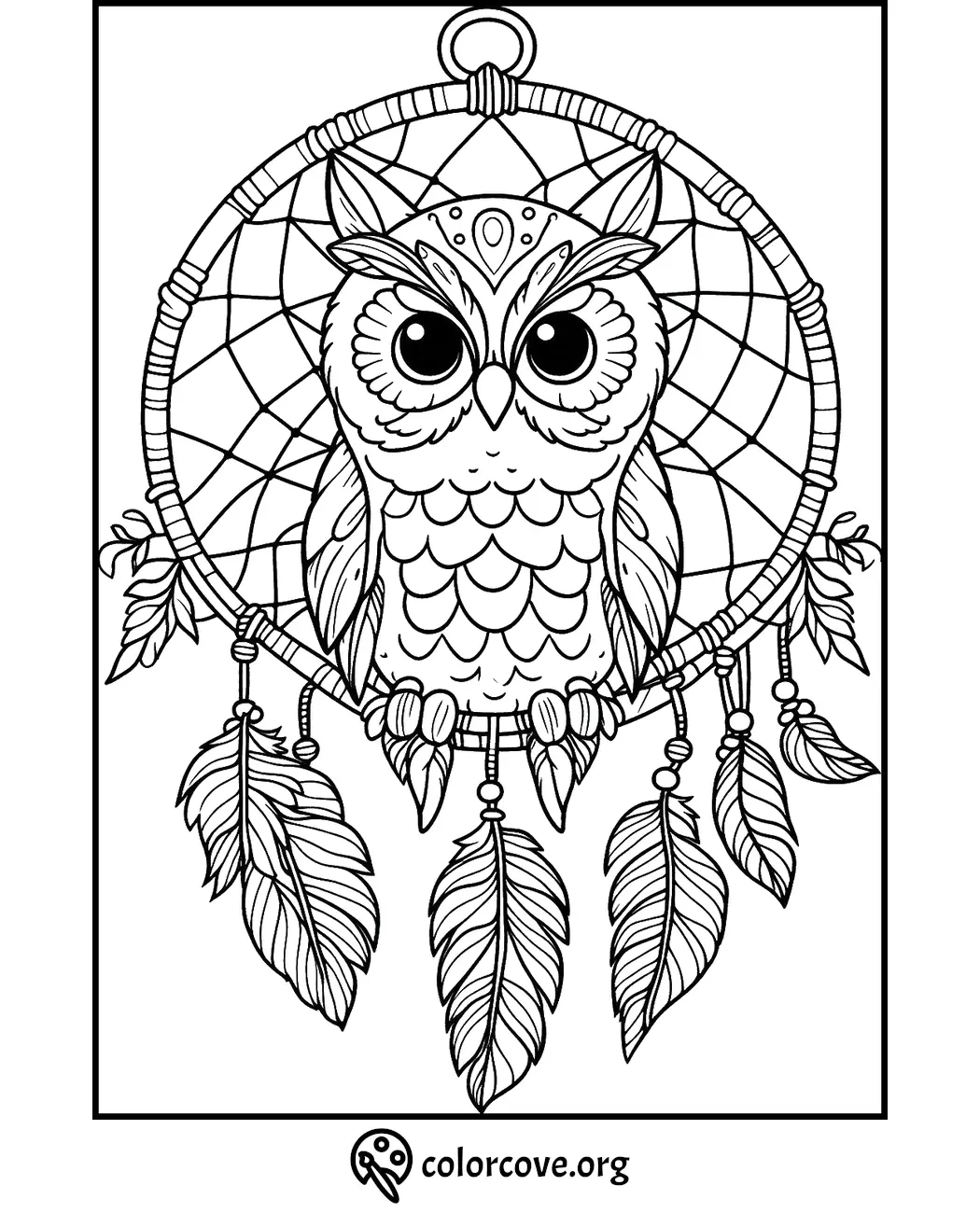 Owl in a dreamcatcher coloring page with feathers, intricate design for relaxation and creativity - from colorcove.org.