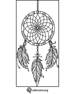 Dreamcatcher coloring page with intricate patterns and feathers, perfect for kids and adults. Download from colorcove.org.