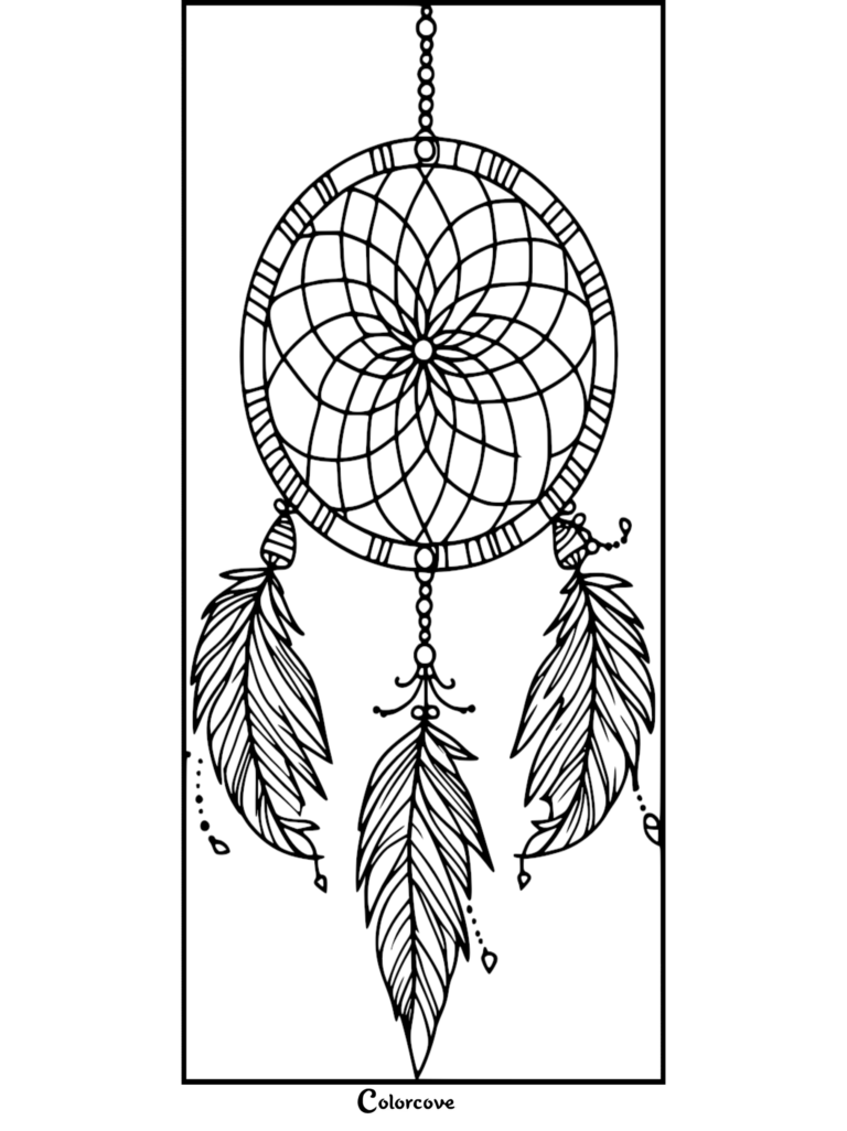 Un coloriage d'attrape-rêves à imprimer présentant un motif de toile circulaire avec trois plumes suspendues et des touches perlées.