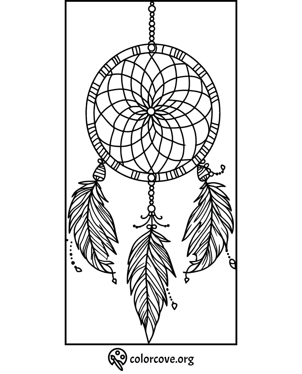 Dreamcatcher coloring page with intricate patterns and feathers, perfect for kids and adults. Download from colorcove.org.