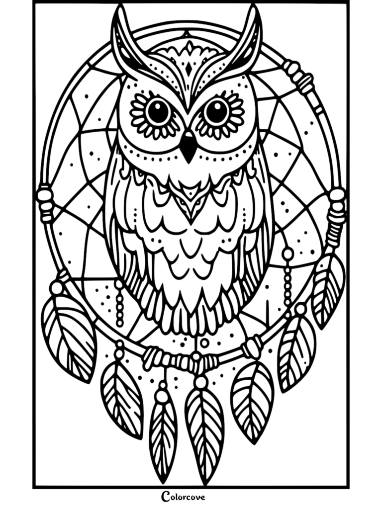 Coloriage complexe d'attrape-rêves avec un hibou détaillé centré dans un cercle tissé orné de plumes suspendues.