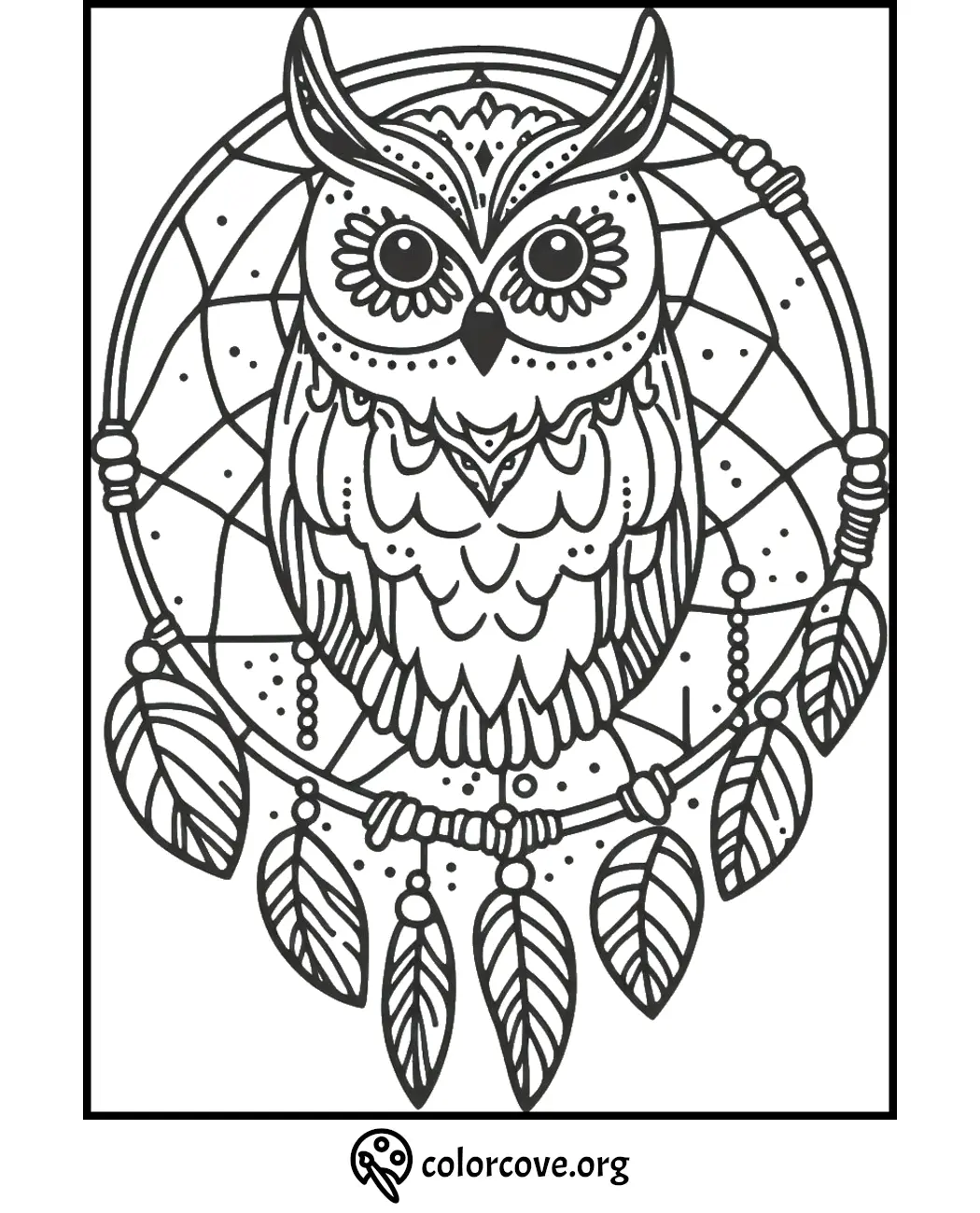 Detailed owl coloring page with intricate dreamcatcher and feathers design from colorcove.org for relaxation and art therapy.