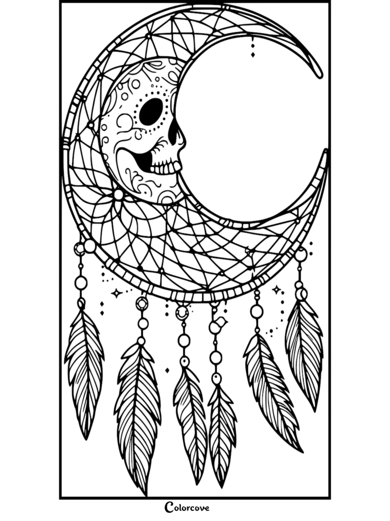 Coloriage détaillé d'attrape-rêves en croissant de lune présentant un design de crâne en sucre complexe avec des plumes et des perles suspendues.