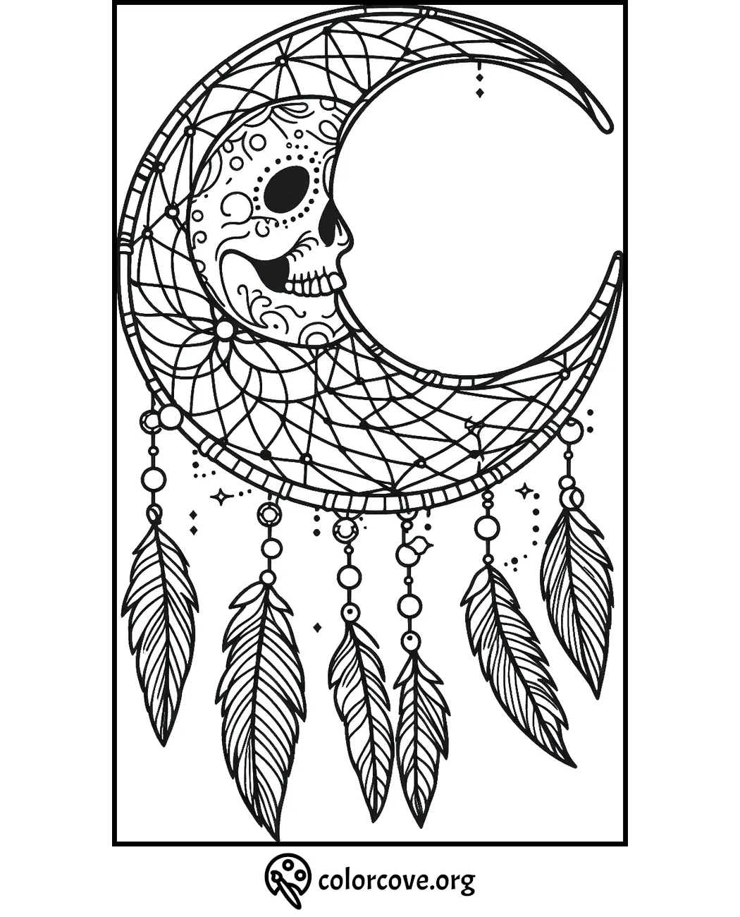 Intricate crescent moon and skull coloring page with feathers and dreamcatcher design elements for stress relief.