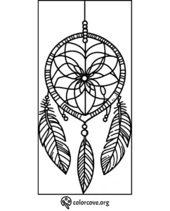Dreamcatcher coloring page with intricate feather and bead designs, perfect for kids and adults at colorcove.org.