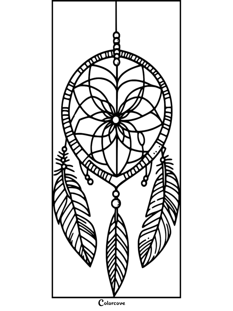 Un coloriage d'attrape-rêves à imprimer comprenant un motif de toile circulaire avec trois plumes suspendues et des perles décoratives.