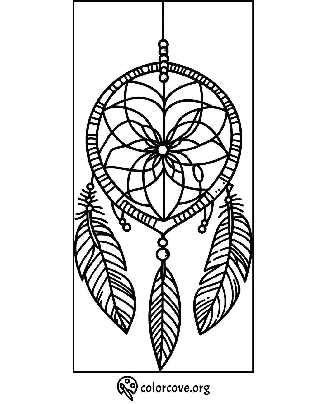 Dreamcatcher coloring page with intricate feather and bead designs, perfect for kids and adults at colorcove.org.