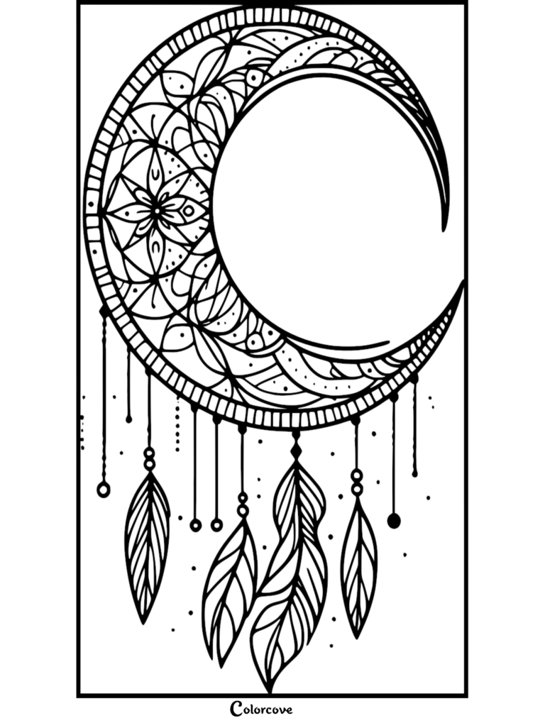 Coloriage d'attrape-rêves en croissant de lune avec des motifs de mandala complexes et des plumes suspendues.