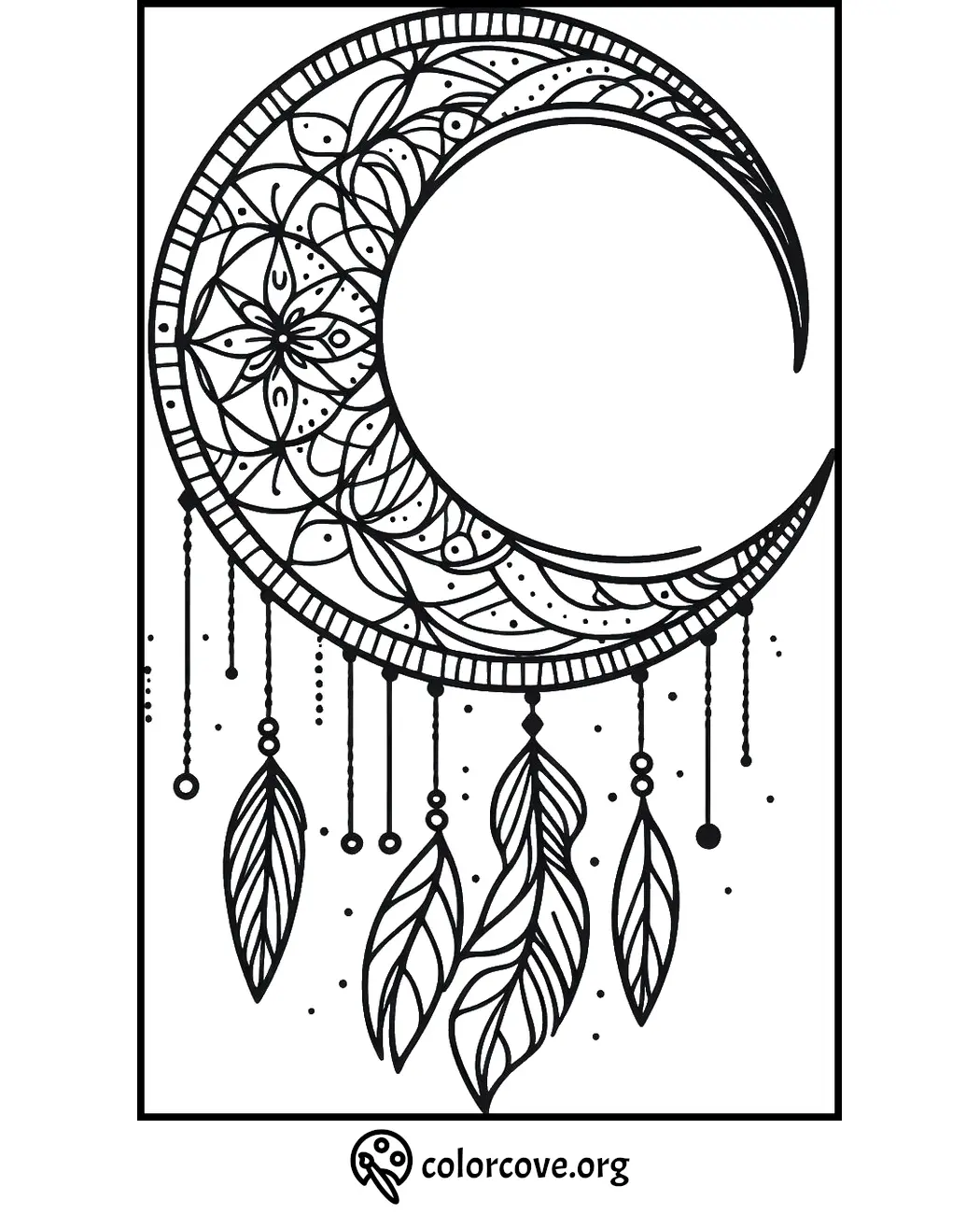 Intricate moon and feathers coloring page from colorcove.org, featuring mandala patterns and hanging feather charms.