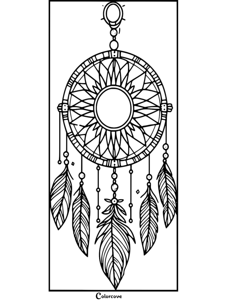 Un coloriage d'attrape-rêves à imprimer présentant un motif de toile circulaire avec cinq plumes suspendues et des cordons de perles.