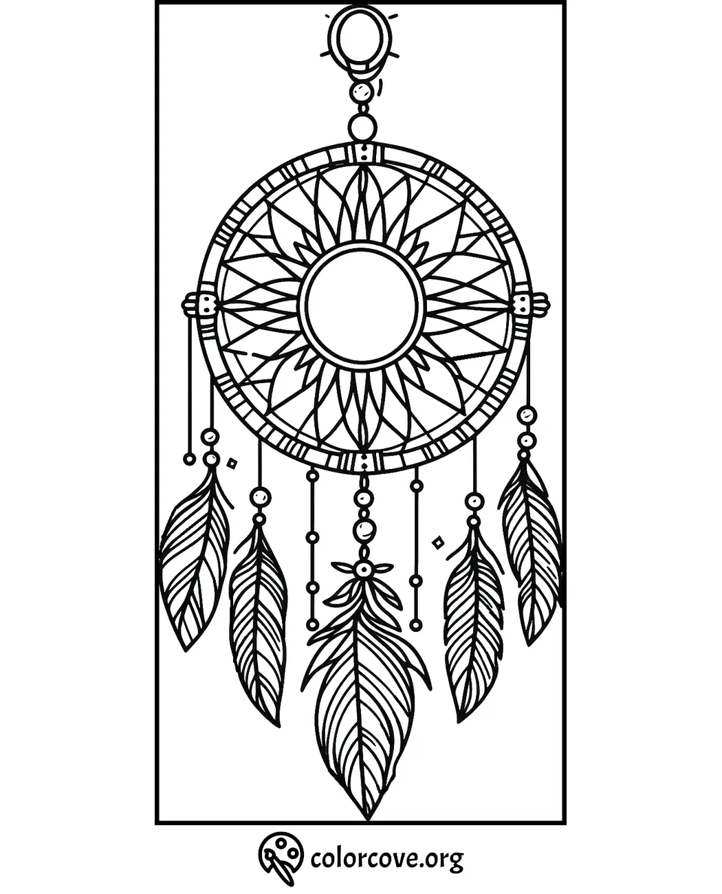 Dreamcatcher coloring page with intricate feather and bead design for kids and adults, by colorcove.org.