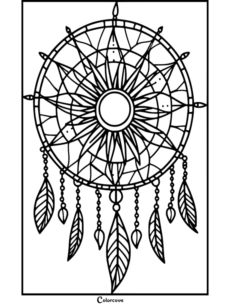 Coloriage complexe d'attrape-rêves présentant un motif central de rayon de soleil avec des plumes suspendues et des chaînes de perles.