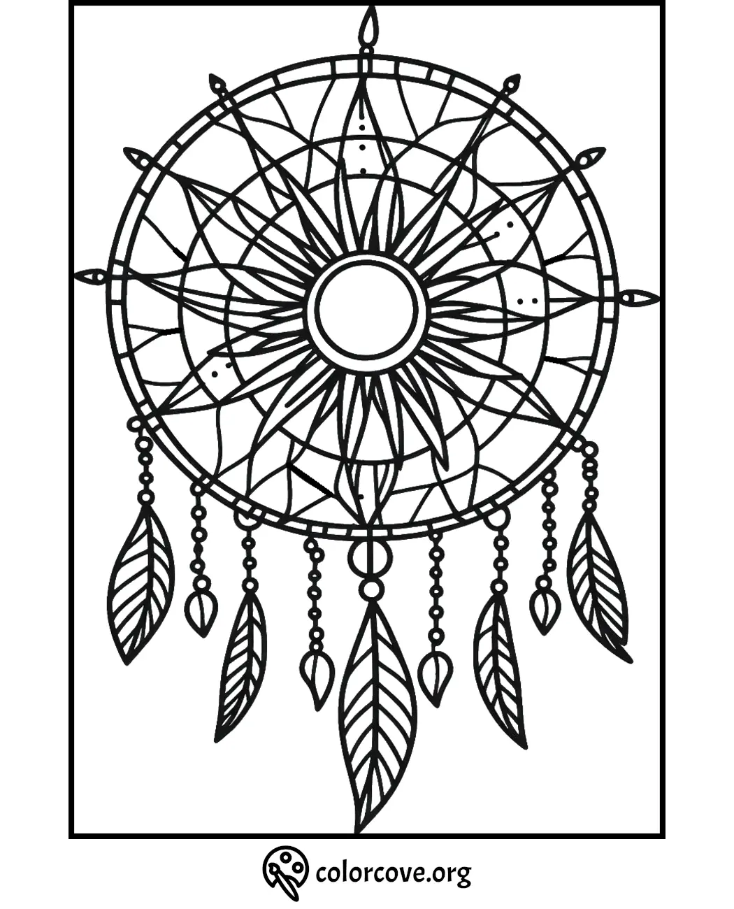 Dreamcatcher coloring page with intricate designs and feathers, perfect for relaxation and creativity. Visit colorcove.org.