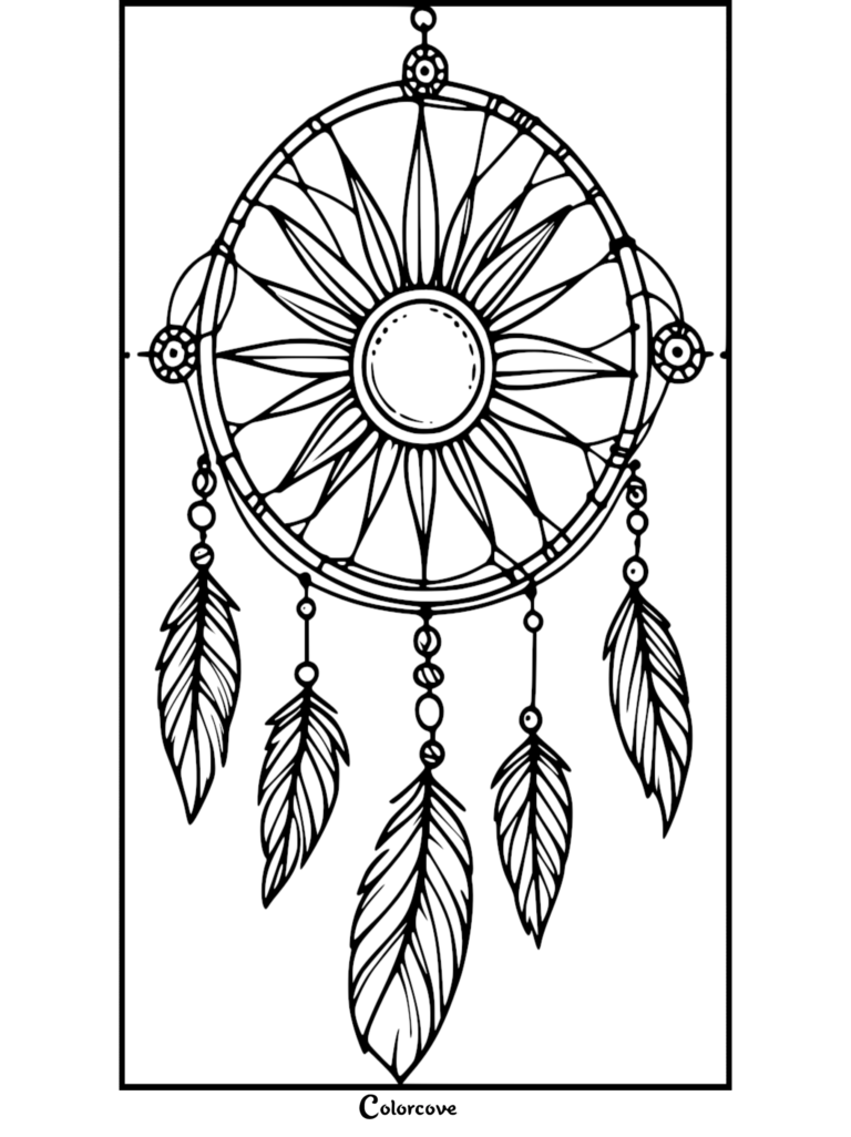 Un coloriage d'attrape-rêves à imprimer présentant un motif de toile en forme de rayon de soleil avec cinq plumes suspendues et des brins de perles.
