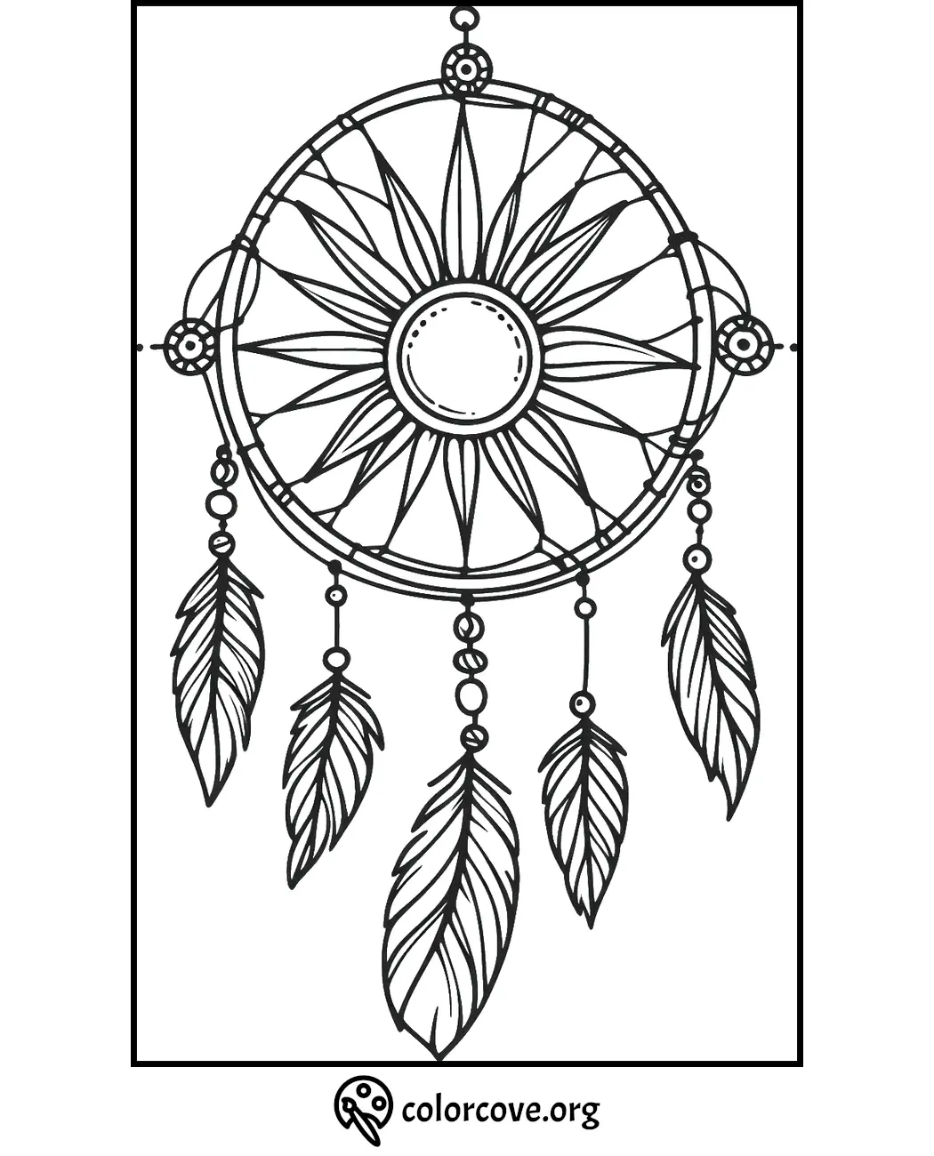 Dreamcatcher coloring page with intricate feather designs, perfect for relaxation and creativity. Visit colorcove.org for more.