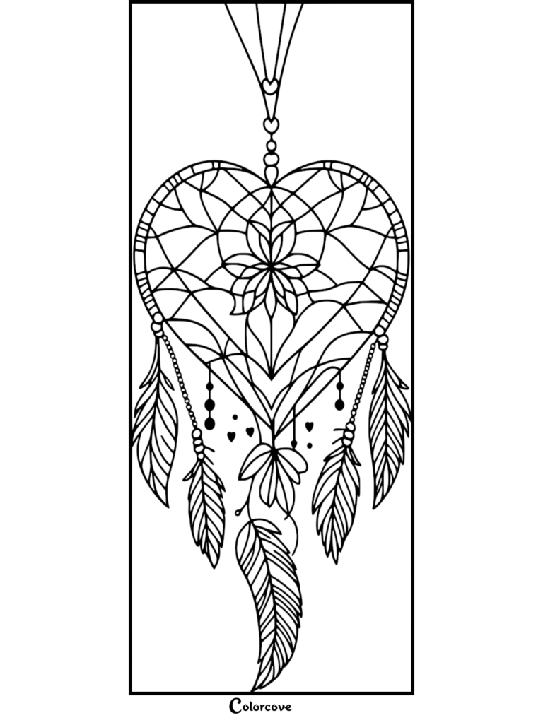 Coloriage d'attrape-rêves en forme de cœur avec des motifs de toile complexes et des plumes suspendues.
