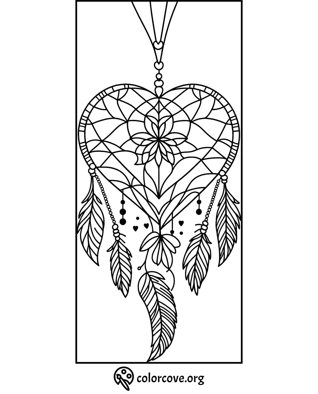 Heart-shaped dreamcatcher coloring page with intricate patterns and feathers. Perfect for relaxation and creativity.