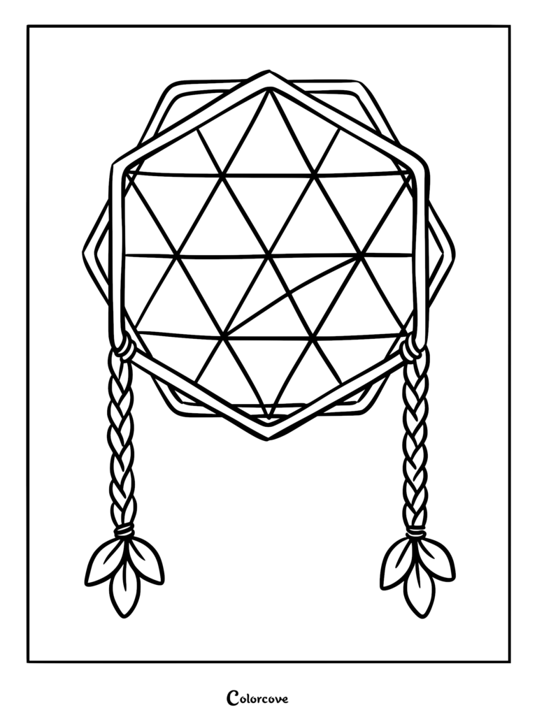 Un coloriage d'attrape-rêves géométrique en forme d'hexagone avec un motif de toile triangulaire et deux cordons tressés suspendus ornés de breloques en forme de feuilles.