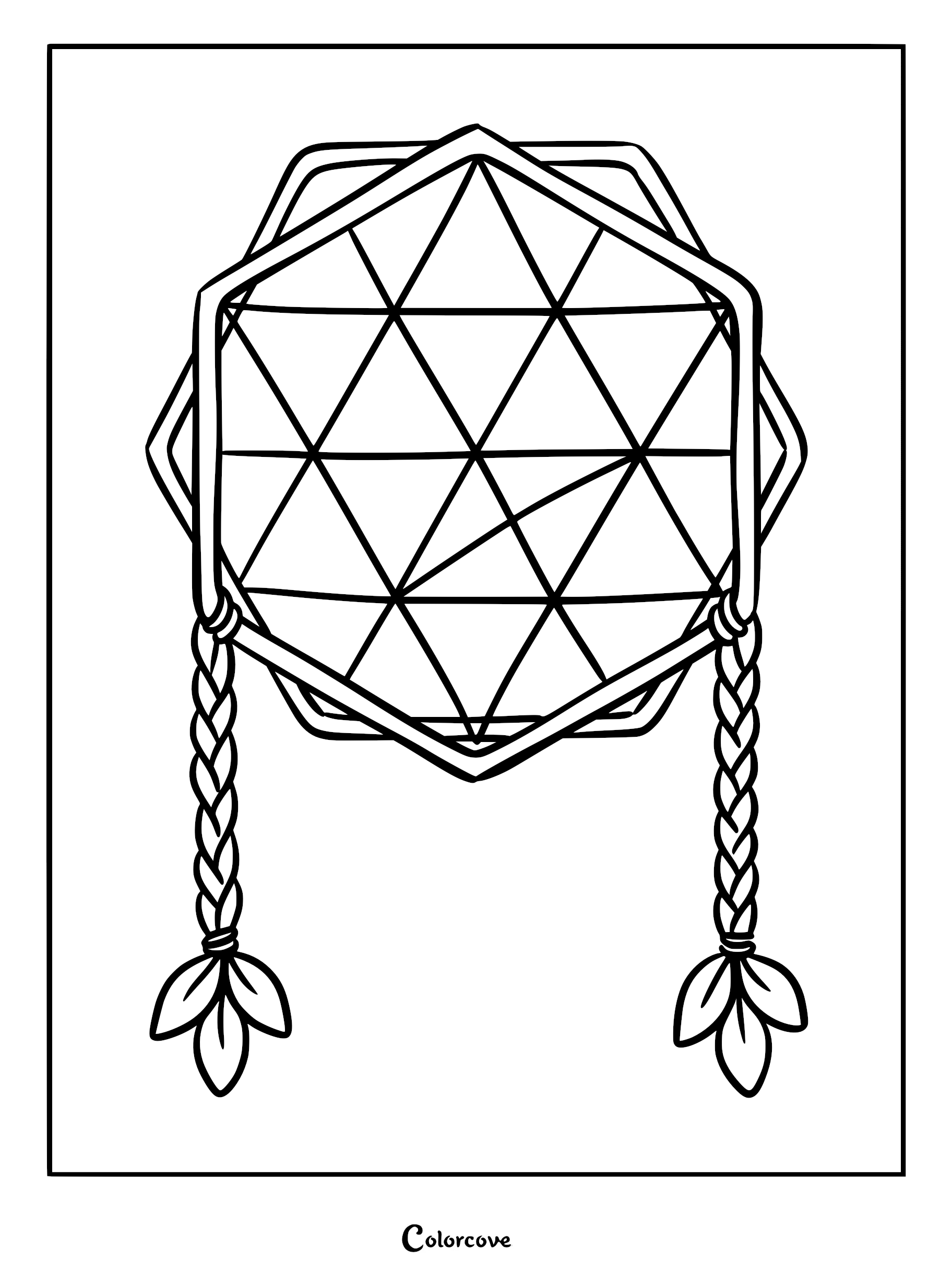 A geometric hexagon dreamcatcher coloring page featuring a triangular web pattern and two braided hanging cords with leaf charms.