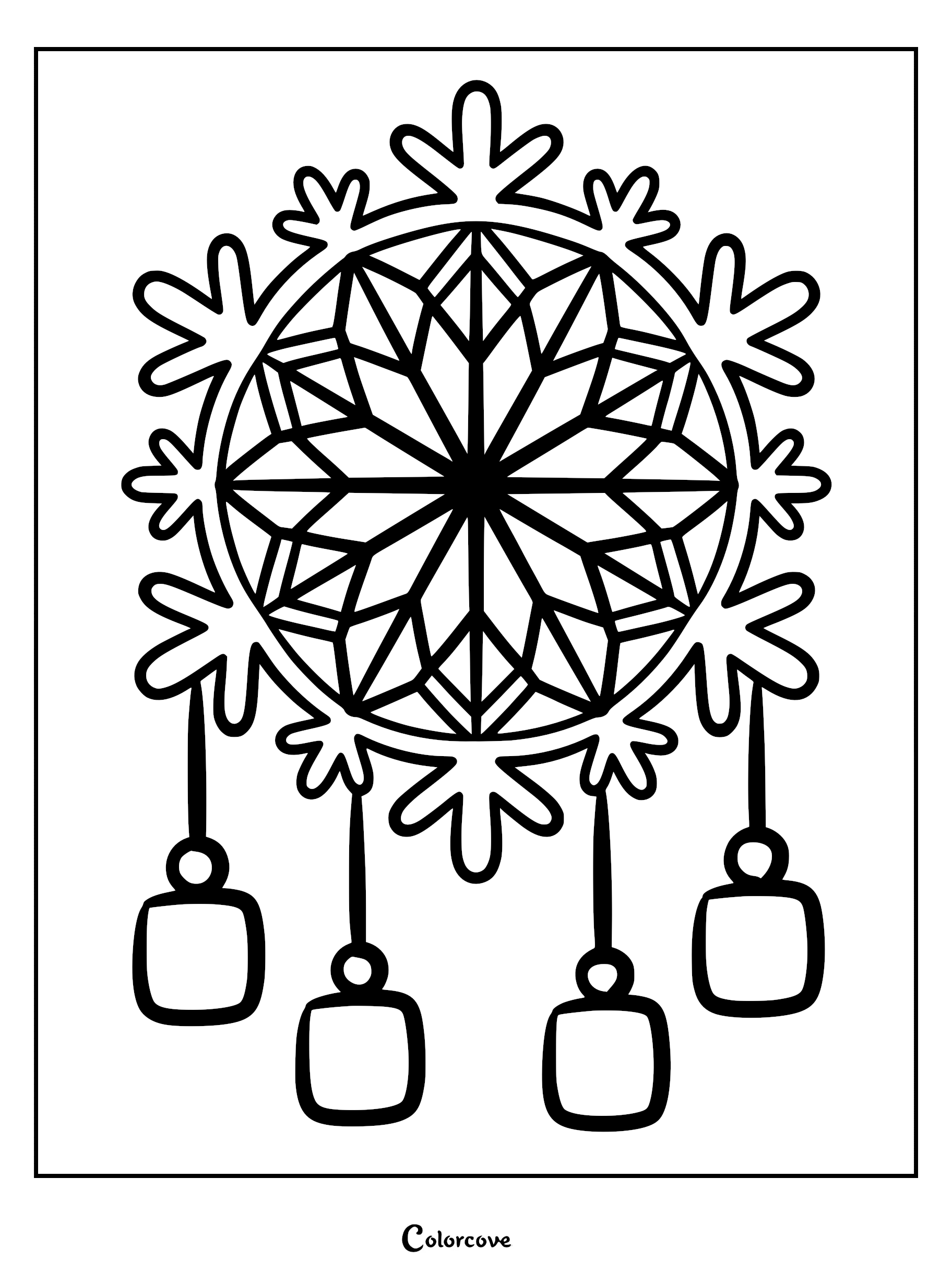 A snowflake-shaped dreamcatcher coloring page with geometric web patterns and four hanging square charms.