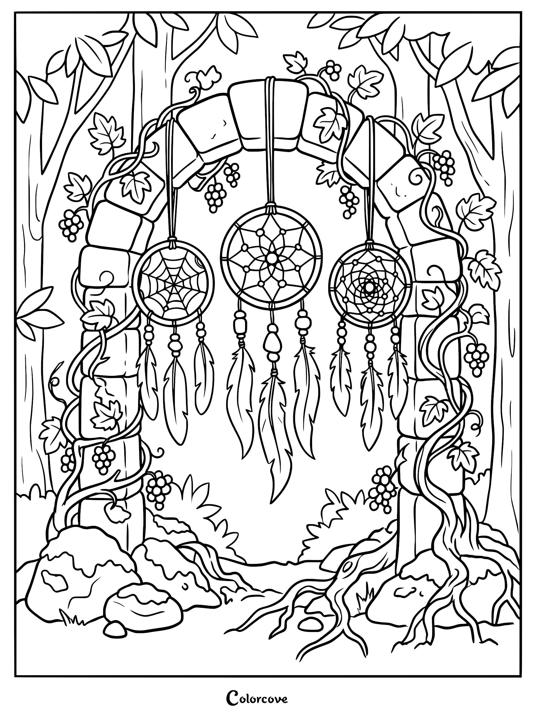 Three intricate dreamcatchers with feathers hanging from a vine-covered stone archway in a forest setting, detailed line art coloring page.