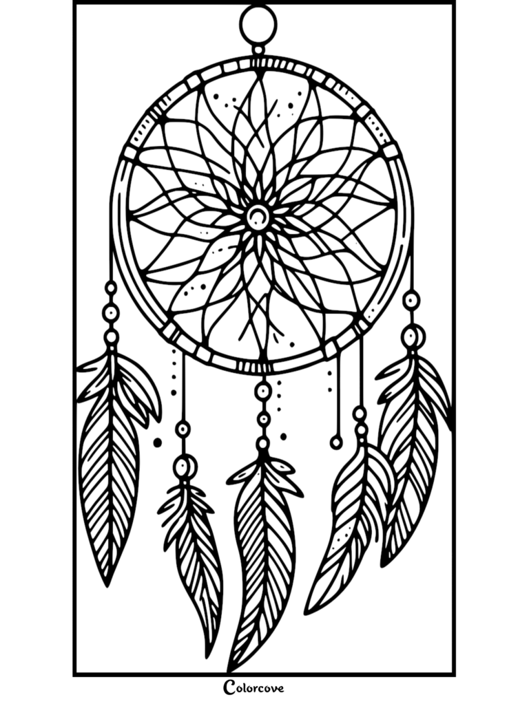 Coloriage d'attrape-rêves complexe présentant un motif de toile centrale avec cinq plumes suspendues et des ficelles de perles.