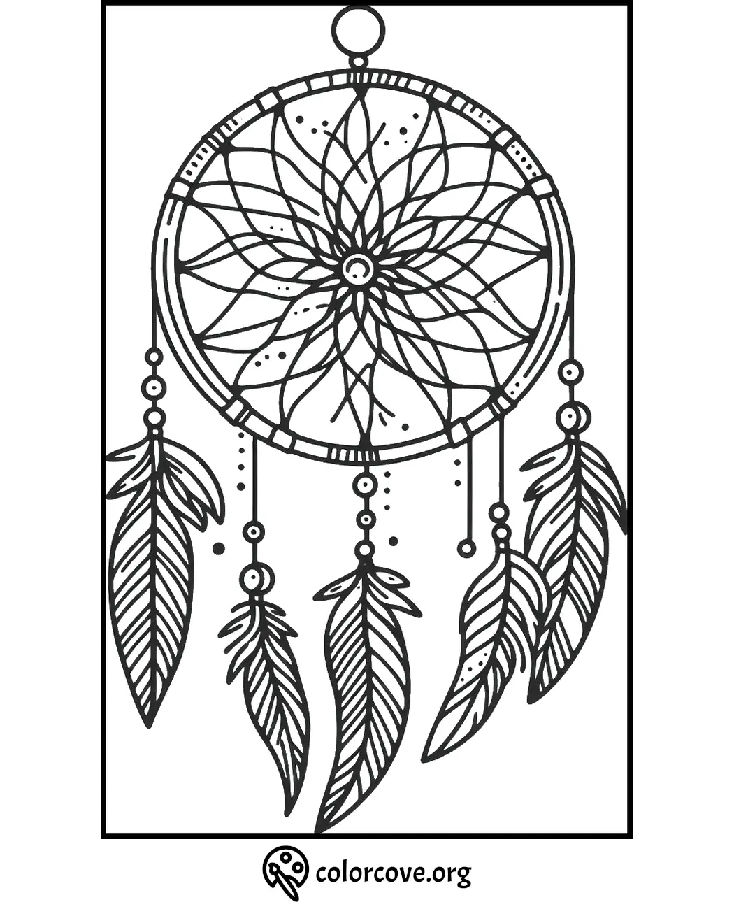 Dreamcatcher coloring page with intricate feather designs and decorative patterns for mindfulness and relaxation.