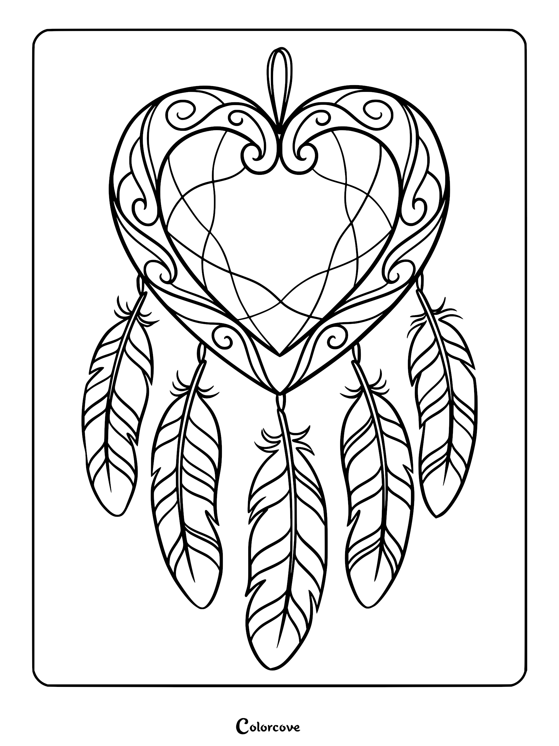 A heart-shaped dreamcatcher coloring page featuring intricate scrollwork, a central web, and five dangling feathers.