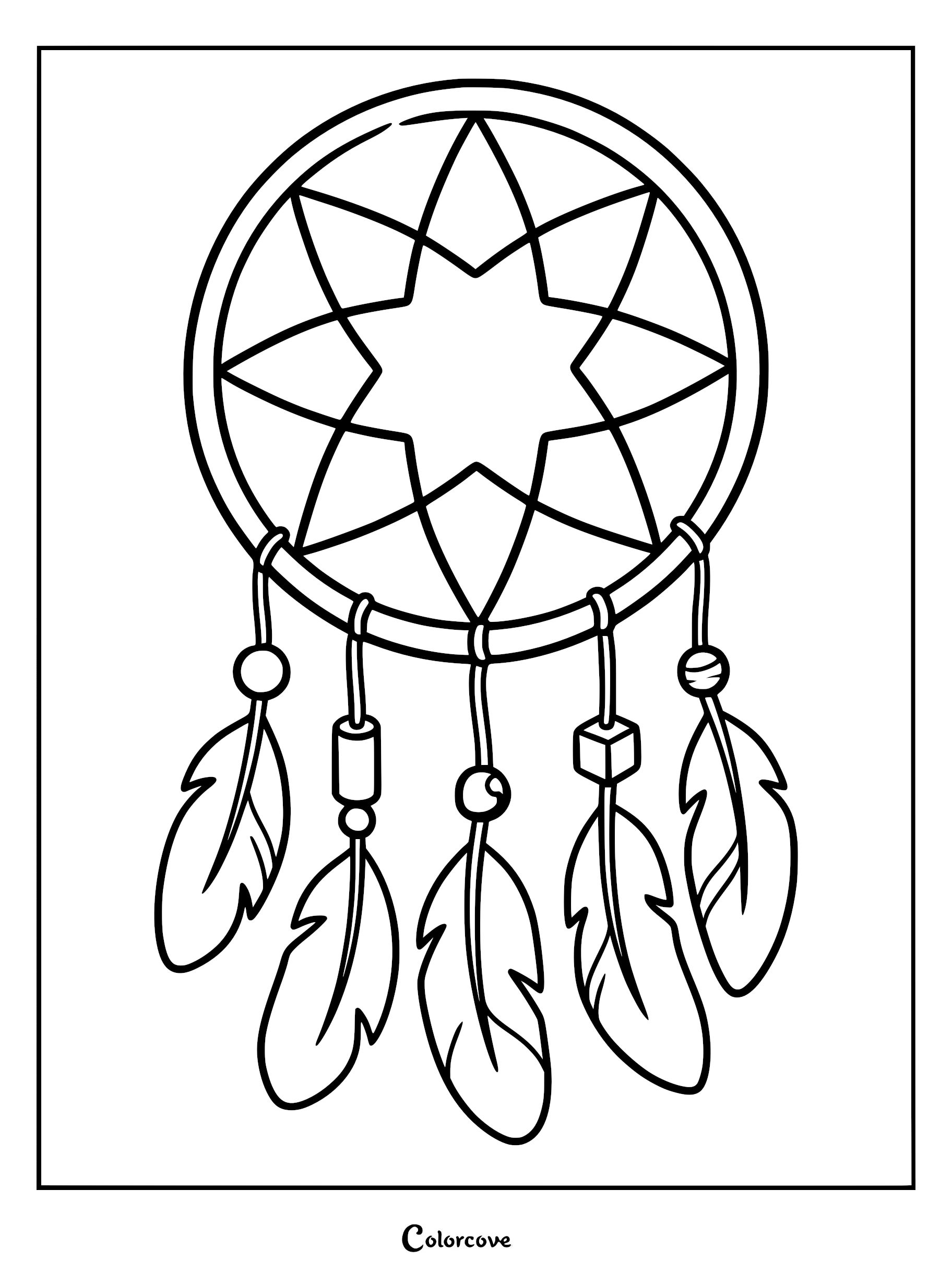 A simple dreamcatcher coloring page featuring a central eight-pointed star web design with four hanging feathers and geometric beads.