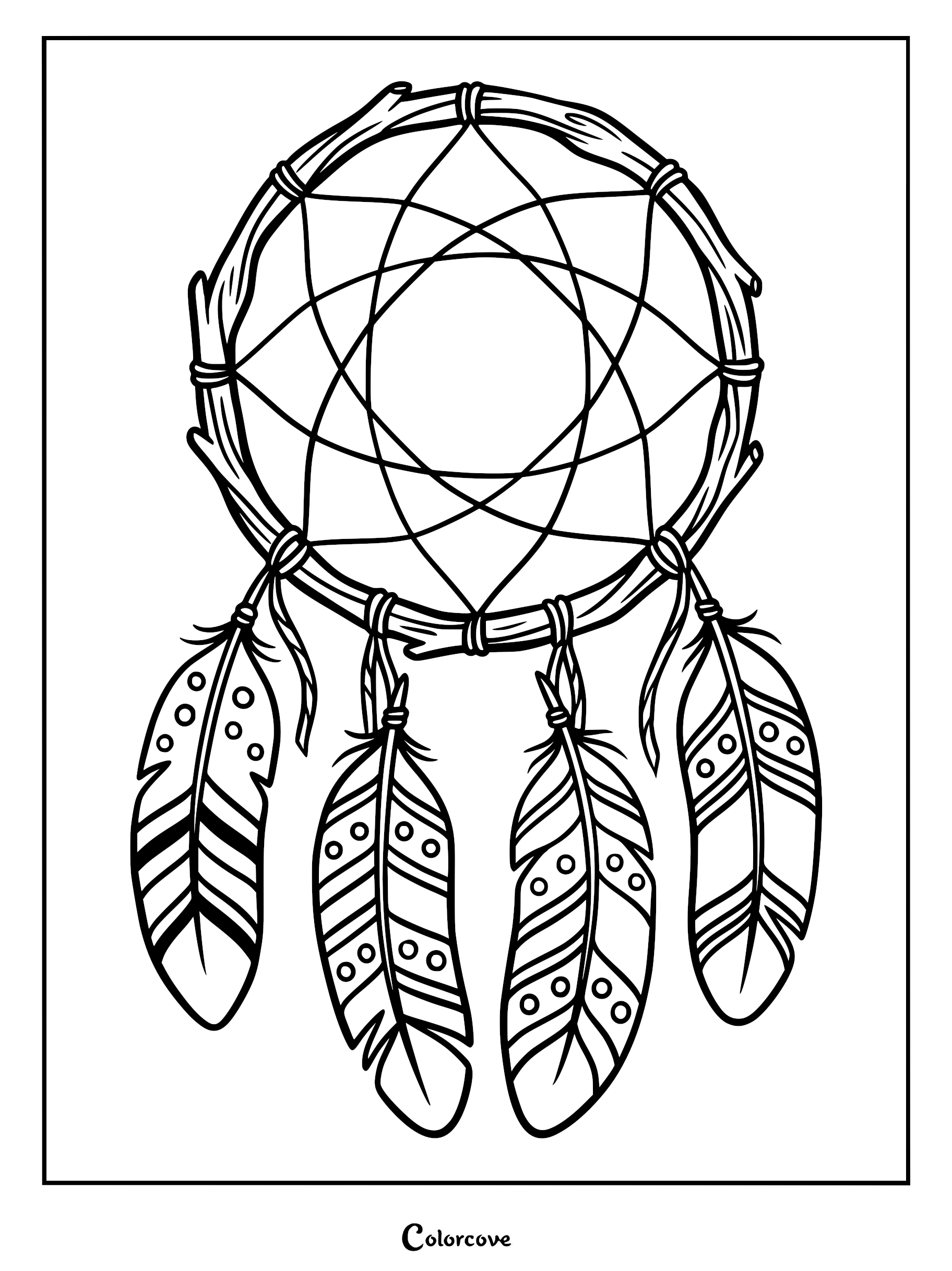 A rustic dreamcatcher coloring page featuring a twig-like circular frame, a geometric web, and four dangling feathers with striped and dotted patterns.